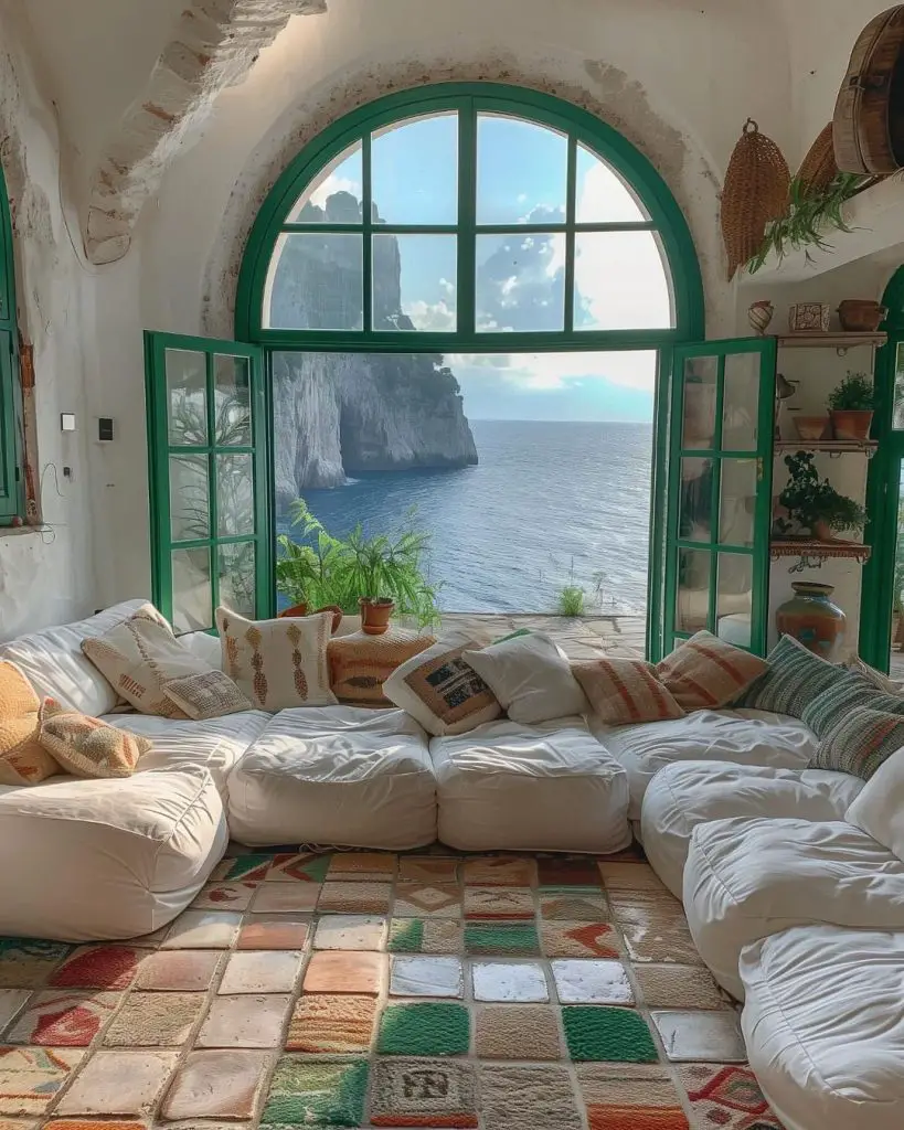 A tranquil sitting area enjoys expansive ocean vistas through large windows.