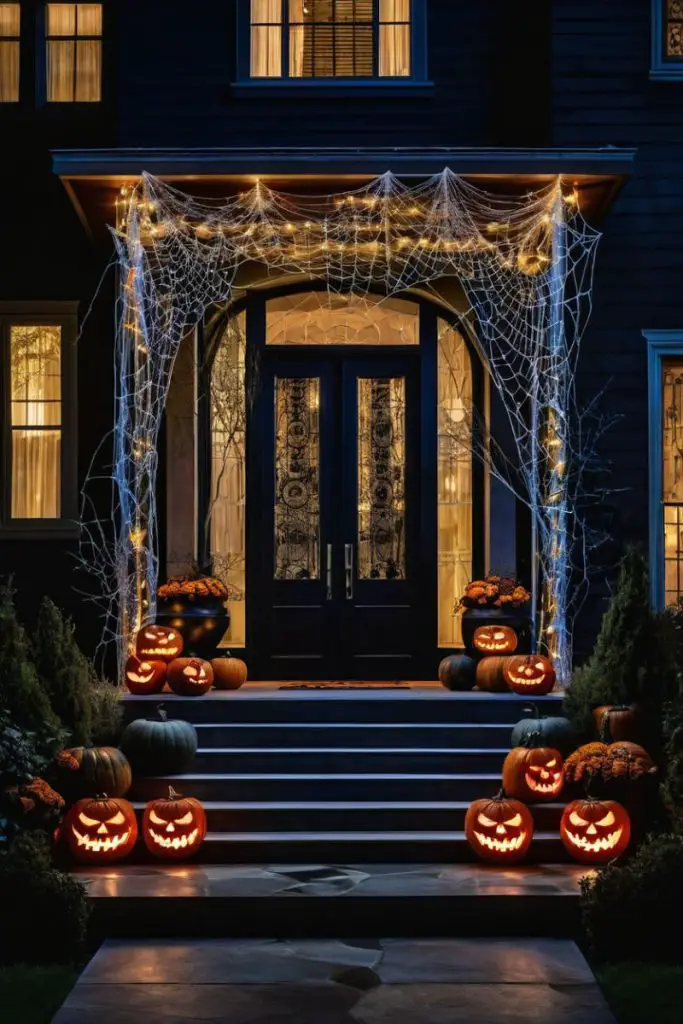 Illuminated porch with spider webs and glowing jack-o'-lanterns