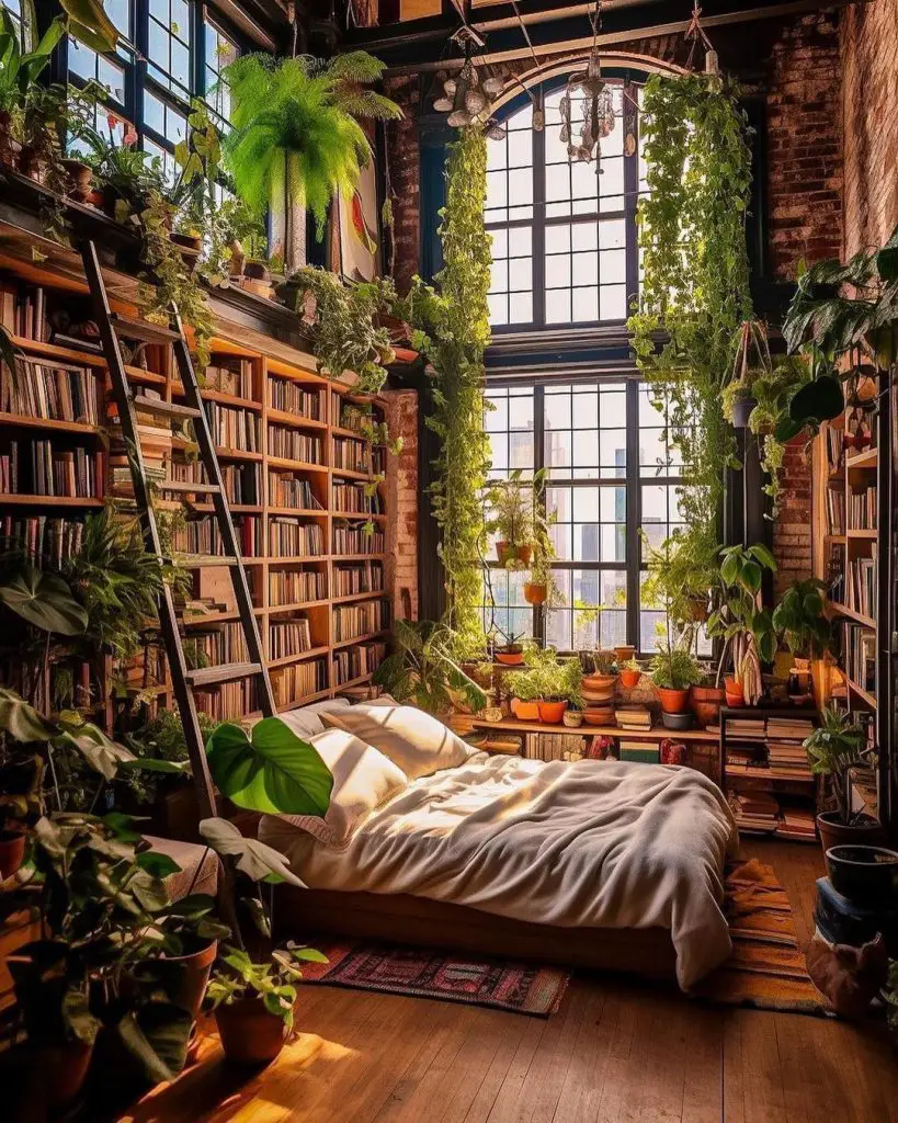 Cozy bedroom surrounded by bookshelves and plants
