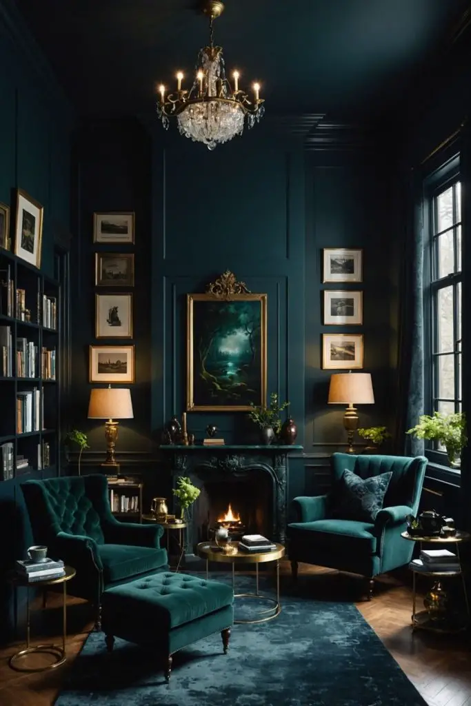 Elegant teal living room with crystal chandelier