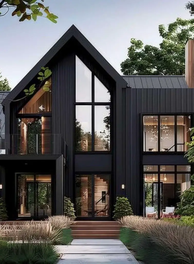 Modern black barndominium with gable roof and large windows.