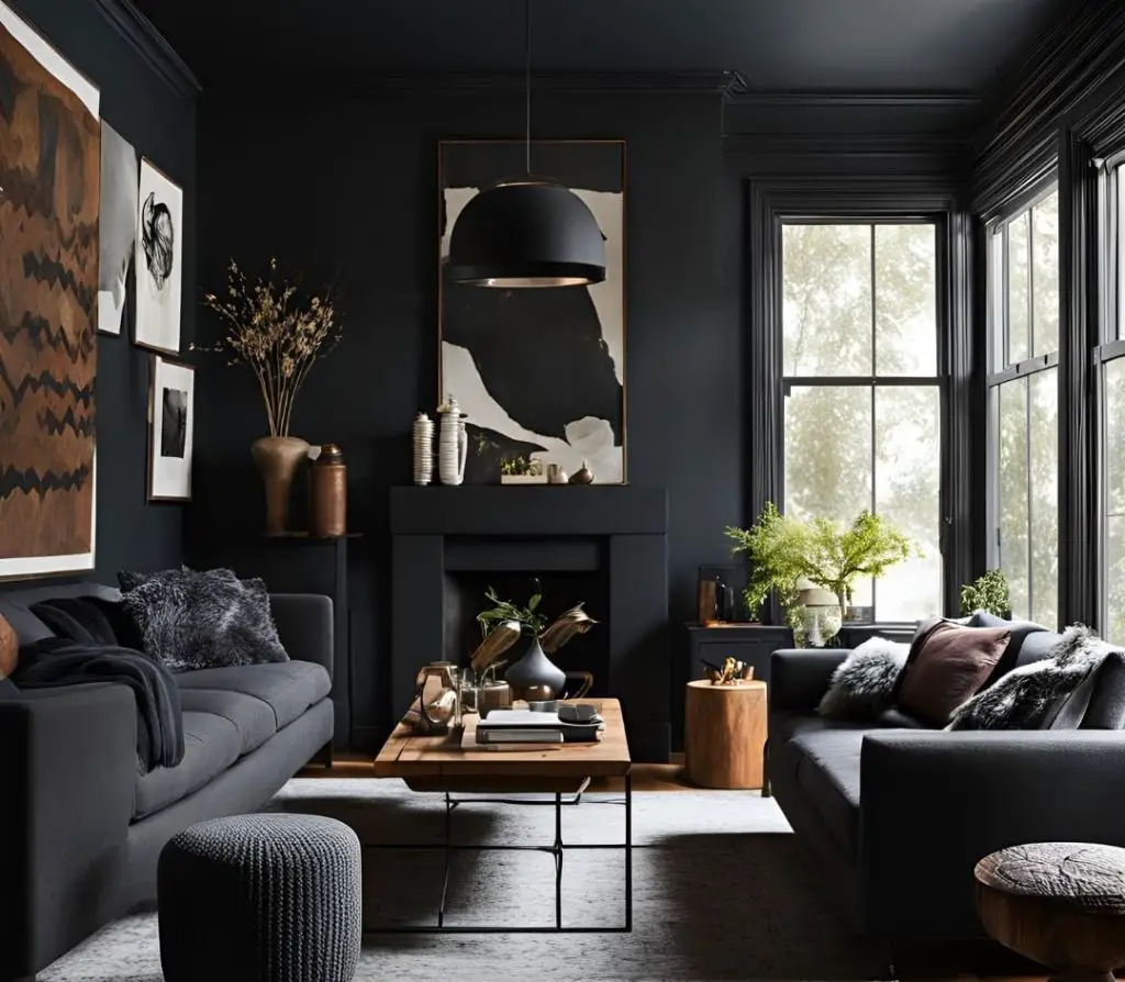 Dark living room with art gallery wall and large windows