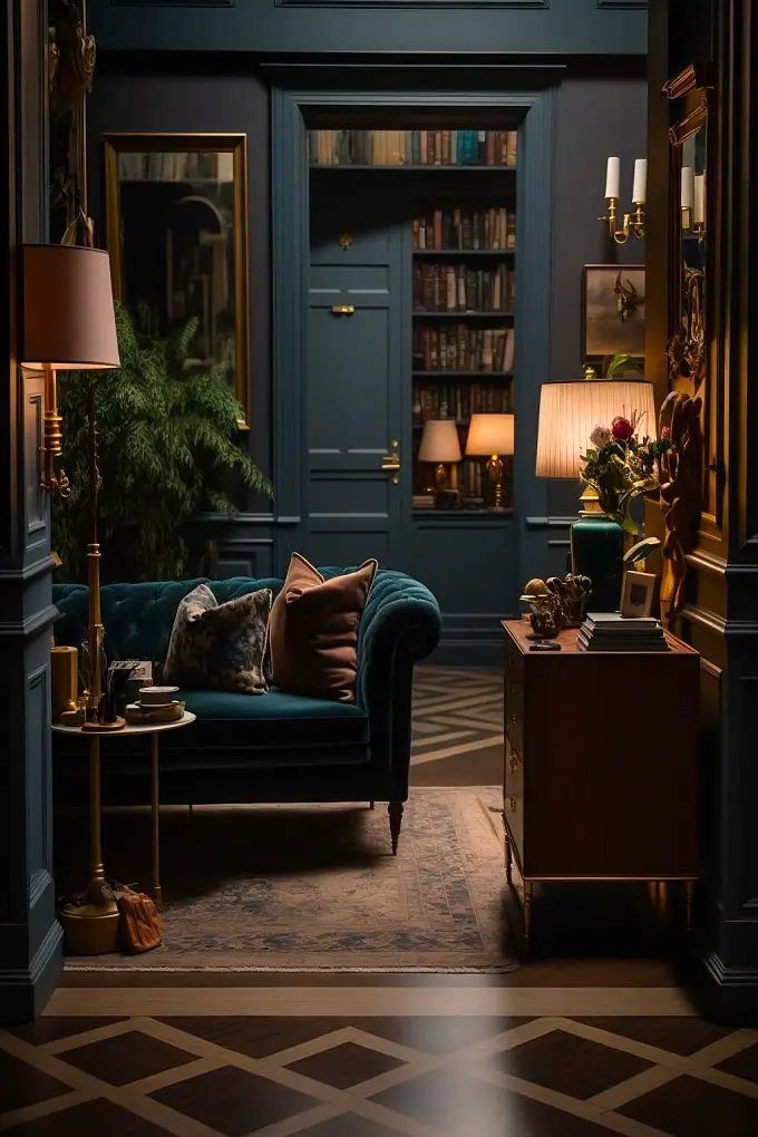Cozy dark library with teal sofa and hidden bookcase