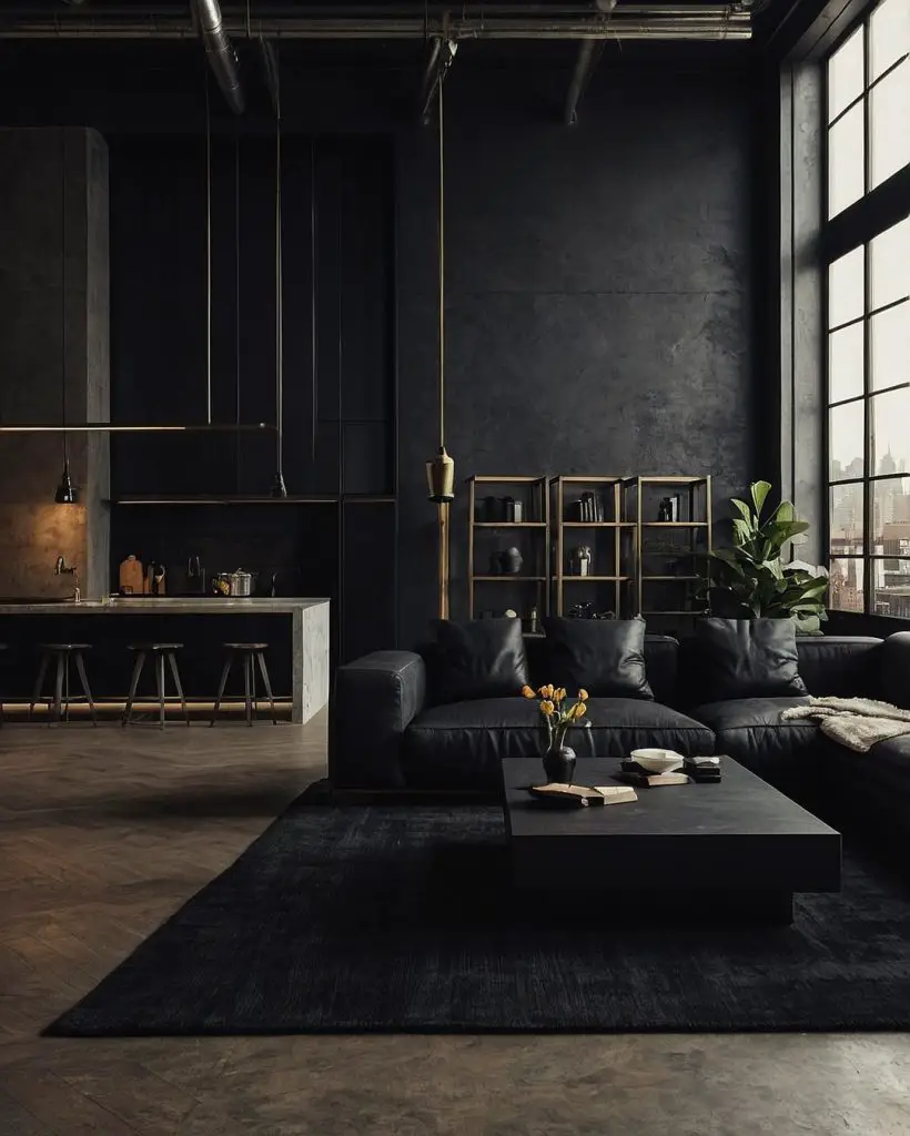 Dark open-concept loft with black decor and large windows