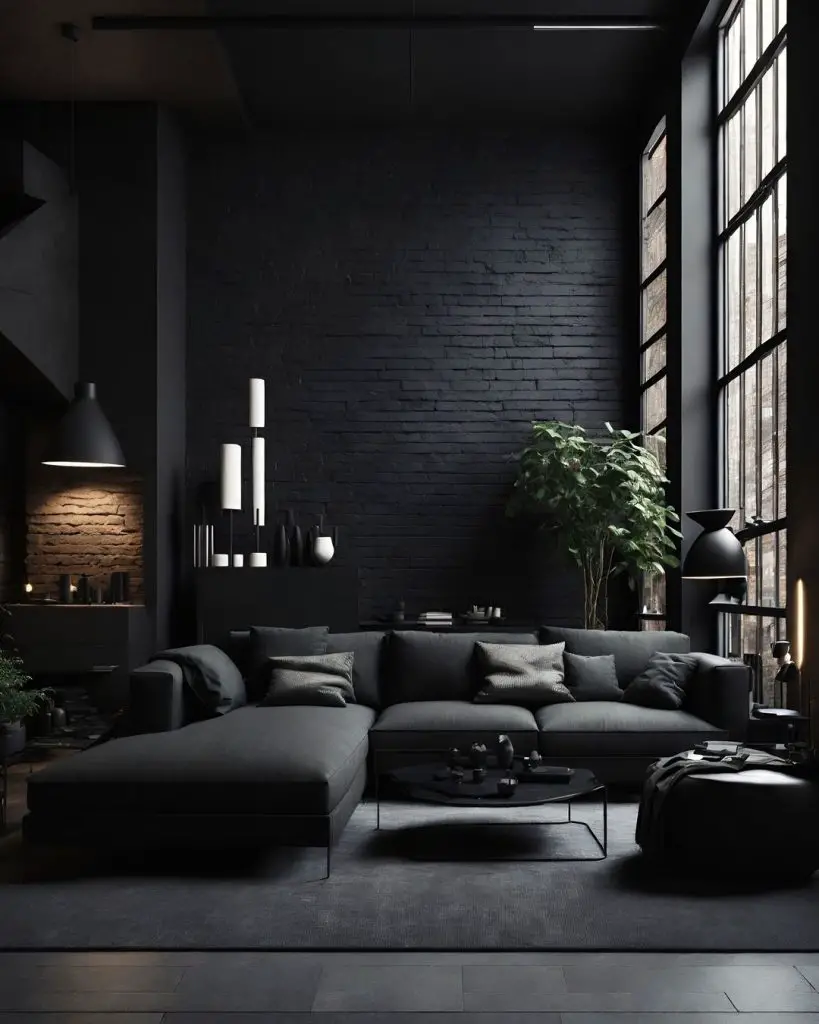 Dark living room with black brick walls and large windows