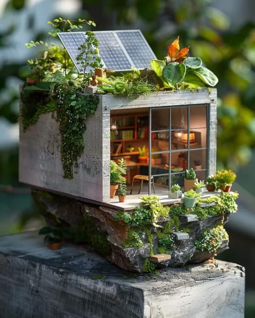 Miniature model of eco-friendly greenhouse with solar panels and lush plants