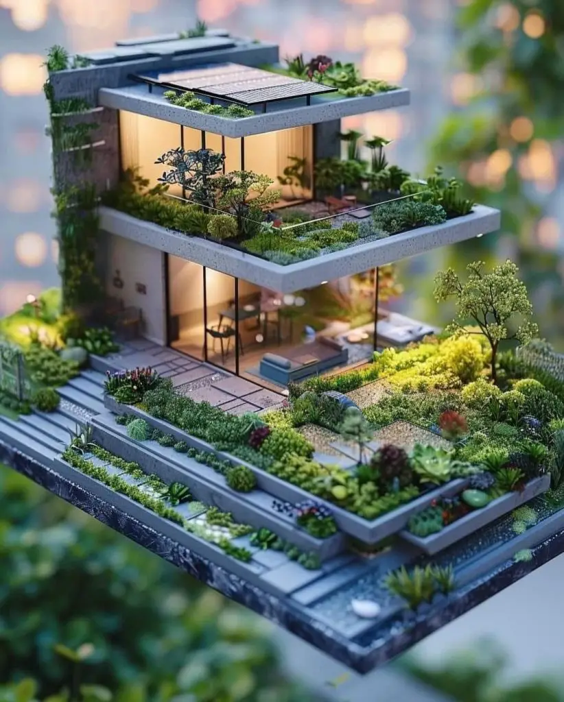 Miniature eco-home with multi-level green terraces