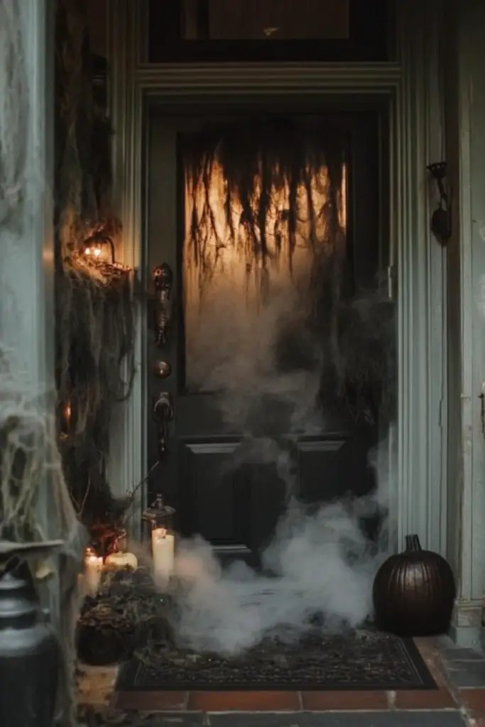 Spooky doorway with fog and hanging cloth