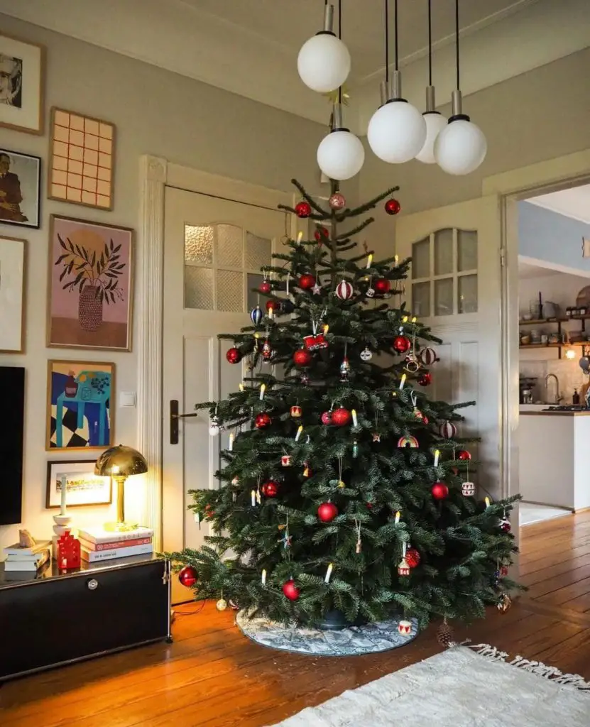 Decorated Christmas tree in artistic living room