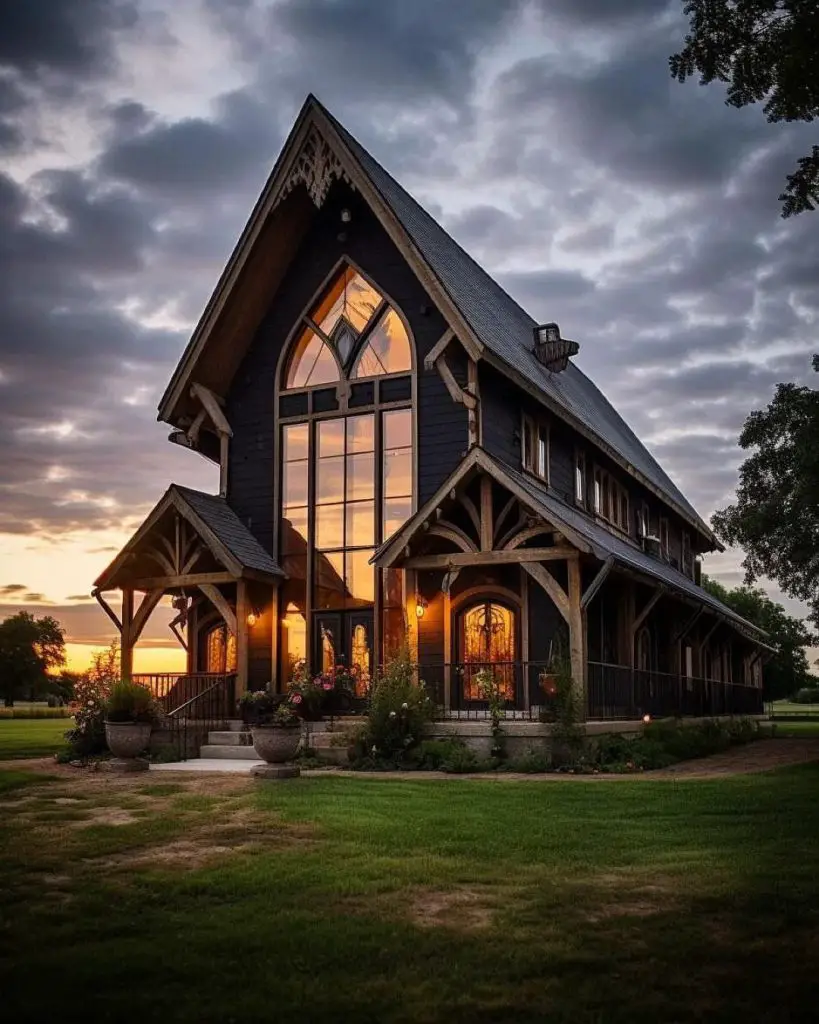 Black barn home with cathedral window capturing sunset glow