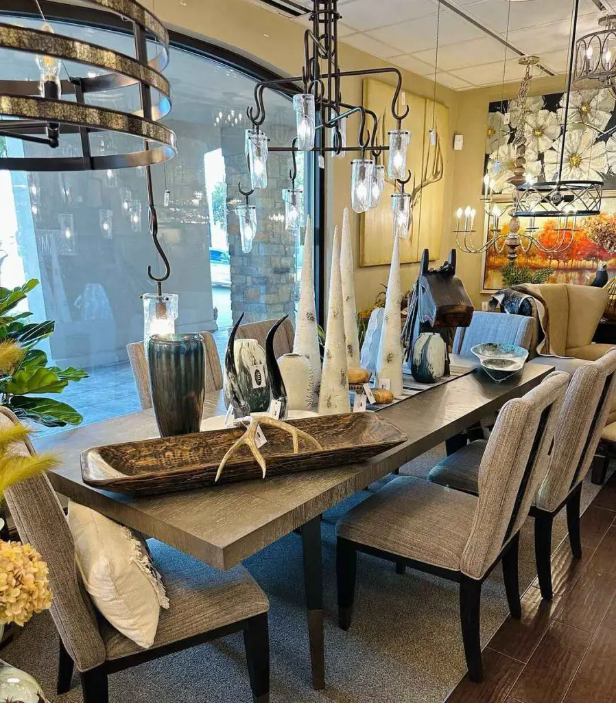 Elegant dining room with hanging lights and rustic decor