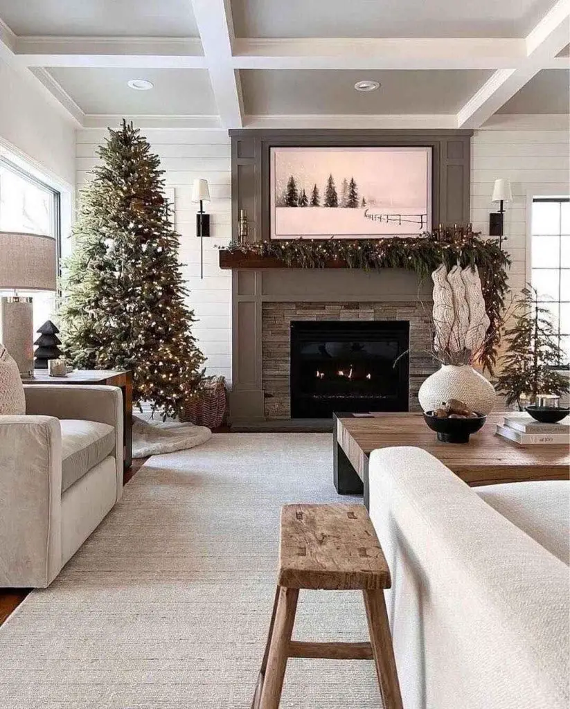 Festive modern farmhouse living room with Christmas tree