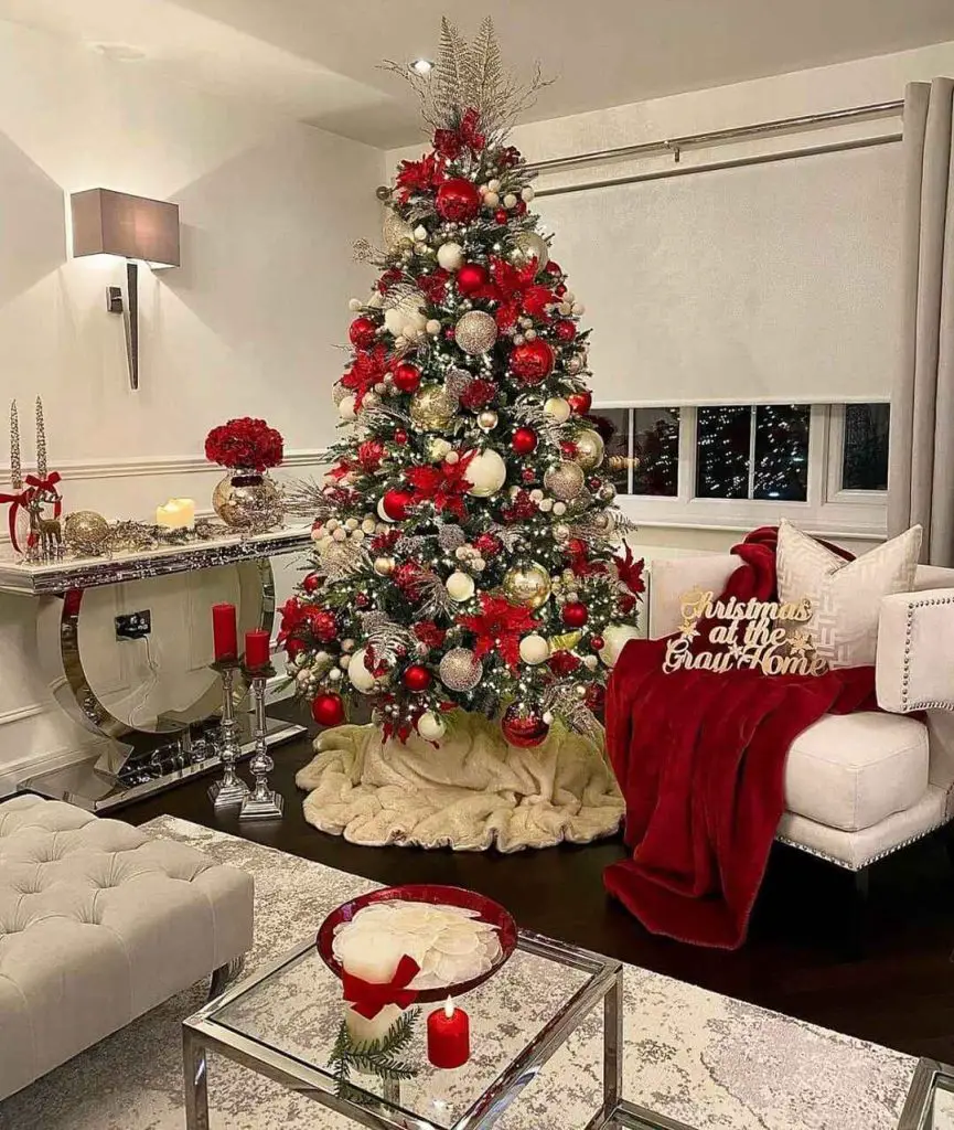 Glamorous living room with red and cream Christmas decor