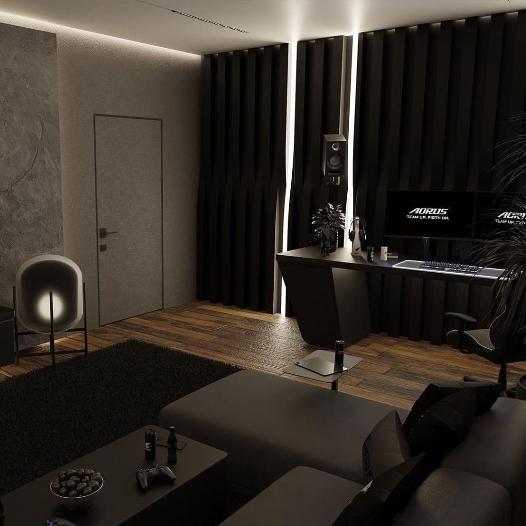 Dimly lit modern gaming room with black decor