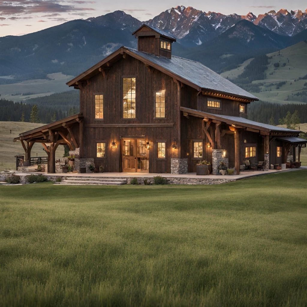 Luxurious mountain barndominium with illuminated windows at dusk
