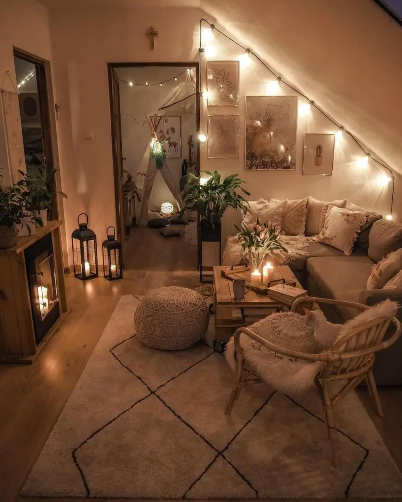 A cozy nest filled with plants, art and natural materials.