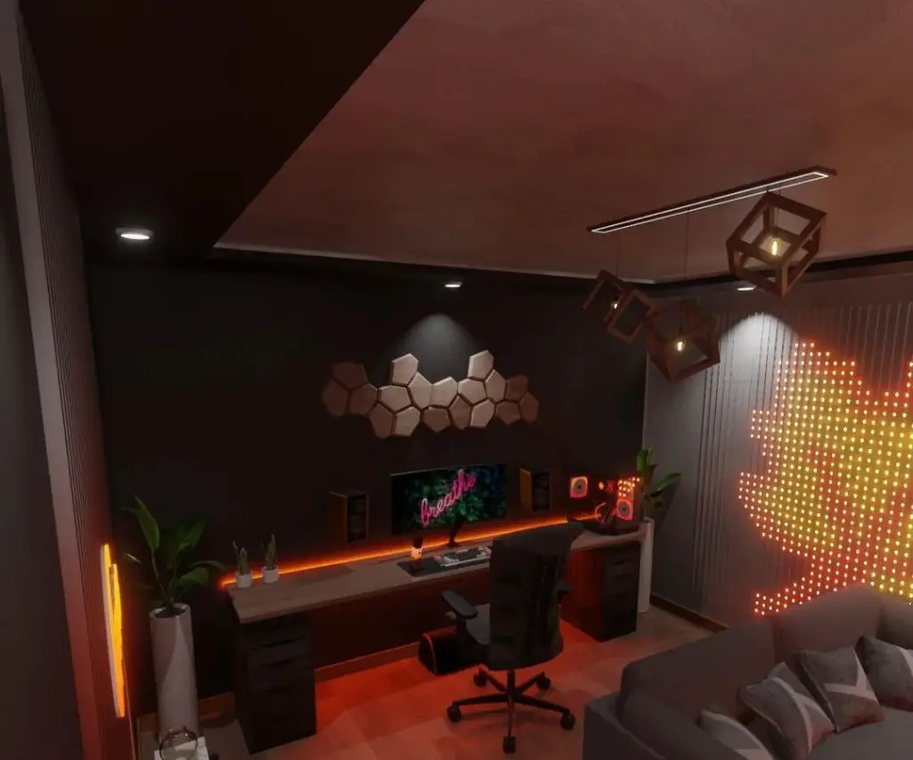 Dark room with neon lights desk setup hexagon wall art and dot light wall