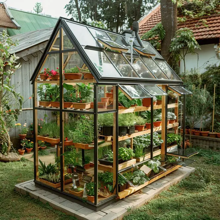 Glass mini greenhouse packed with potted plants