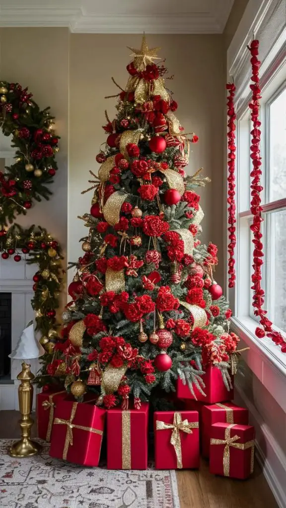 The tree is crowned with a magnificent gold star.