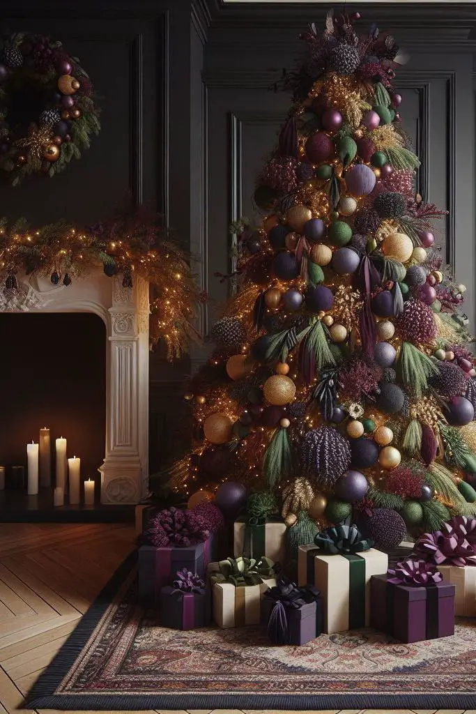Luxurious Christmas tree with purple, green, and gold ornaments beside fireplace with presents
