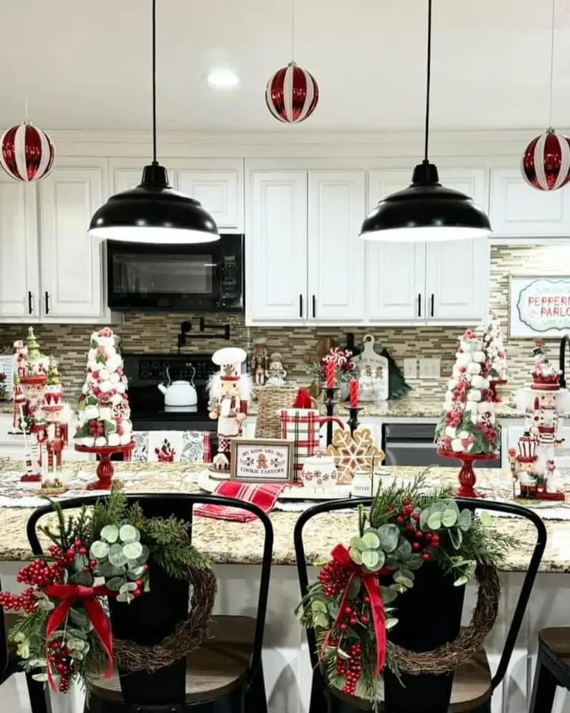 Christmas-decorated kitchen with peppermint theme and festive countertop display