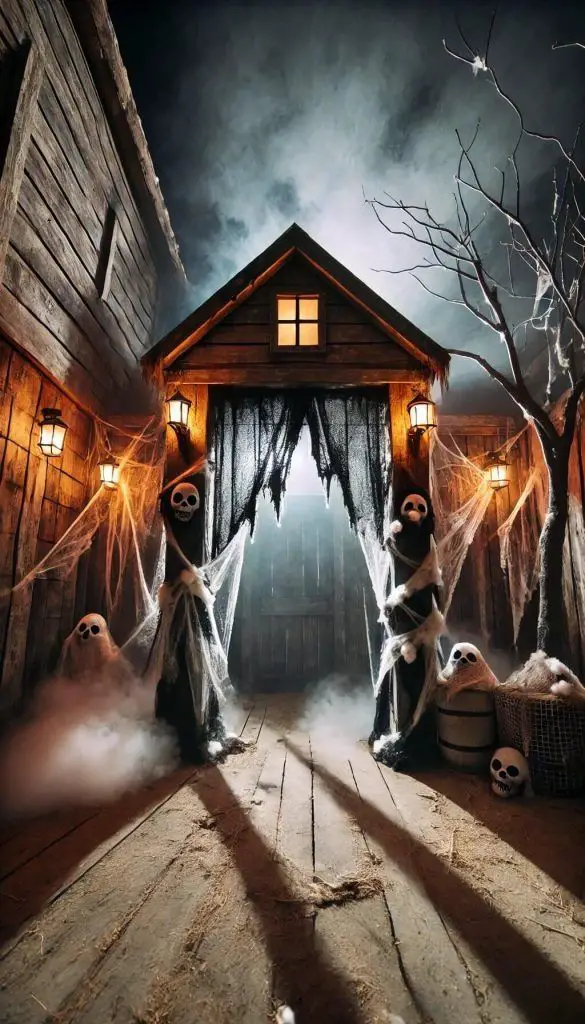 Spooky wooden hallway with ghosts and cobwebs