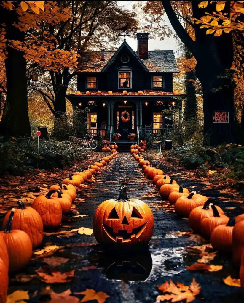 Victorian house with pumpkin-lined path and autumn foliage