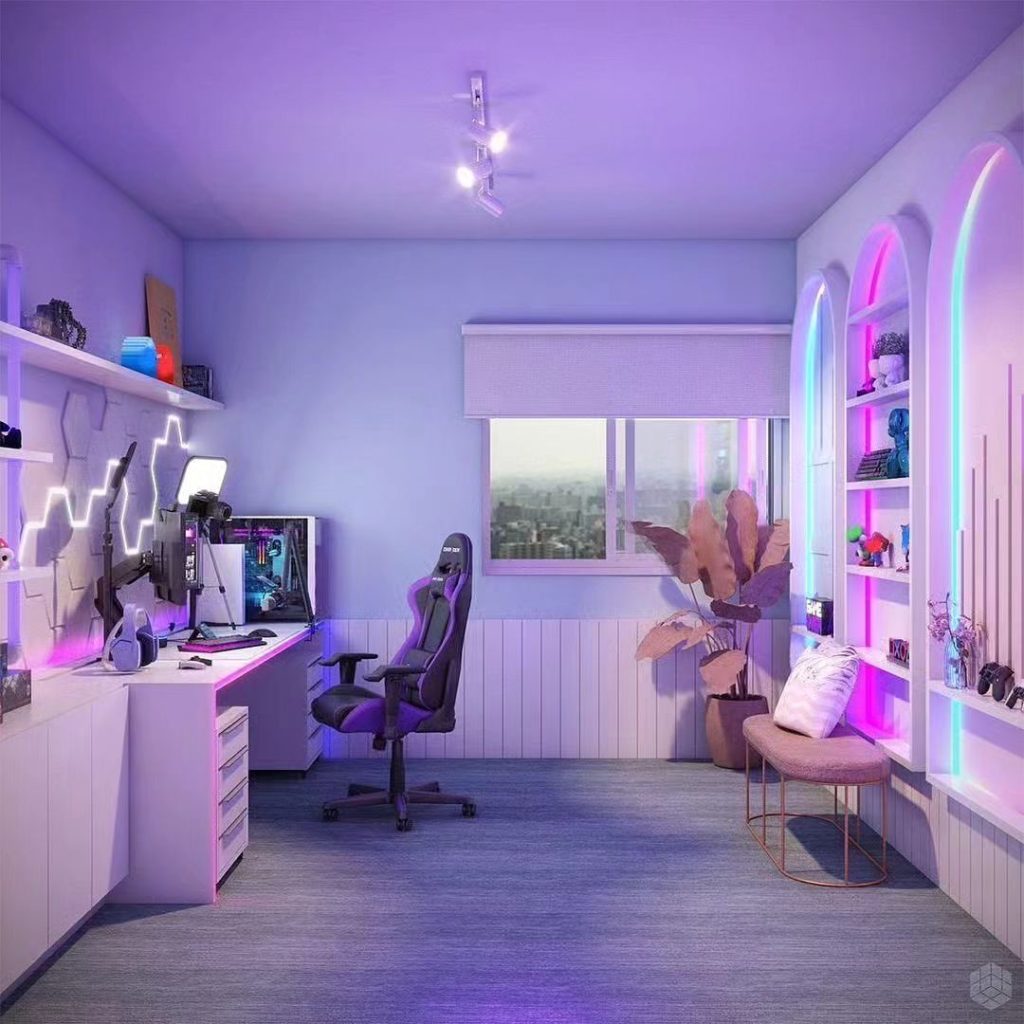 Purple gaming room with LED lights desk setup arched shelves and city view