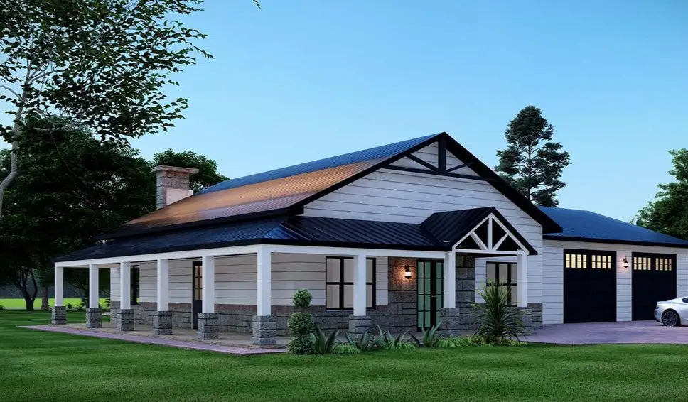 White ranch barndominium with black accents and porch