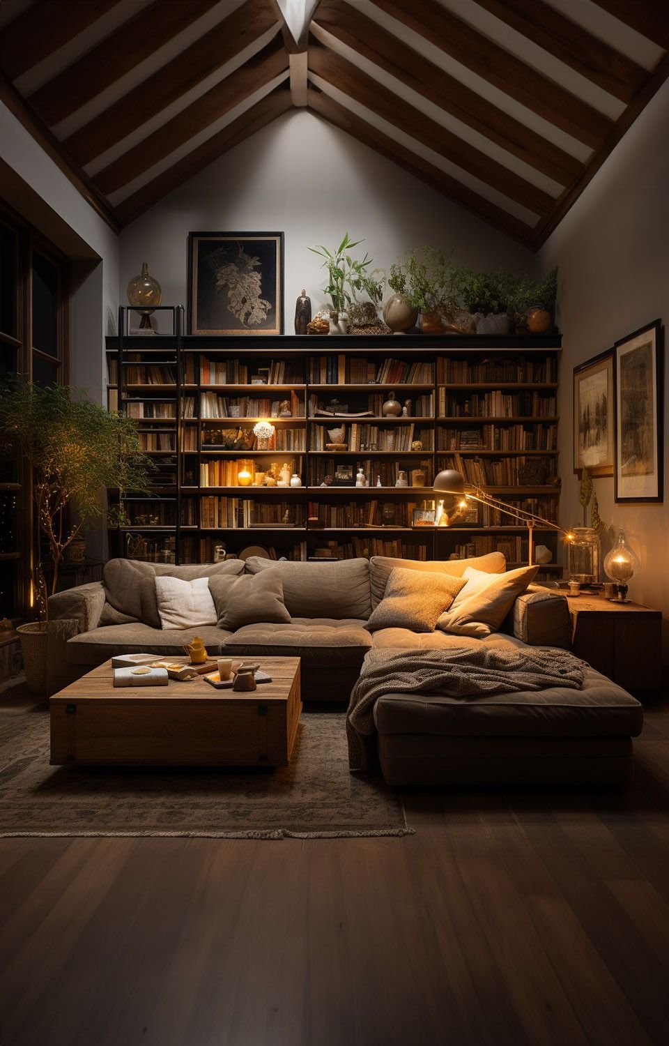 Cozy attic library with large bookshelf and comfortable sofa