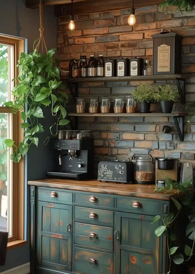 Rustic coffee station with green cabinet and brick wall