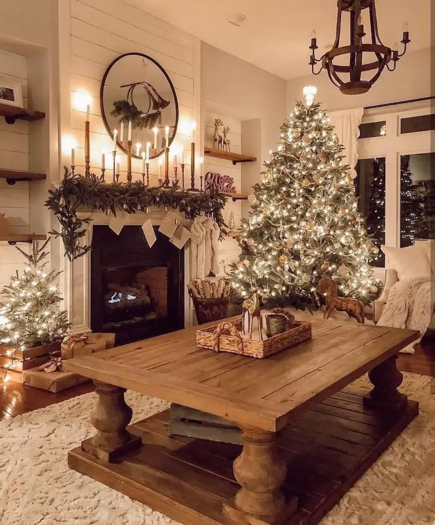 Cozy Christmas living room with fireplace tree
