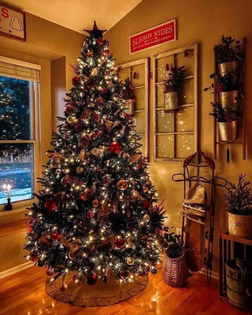Cozy corner with large Christmas tree and rustic decorations