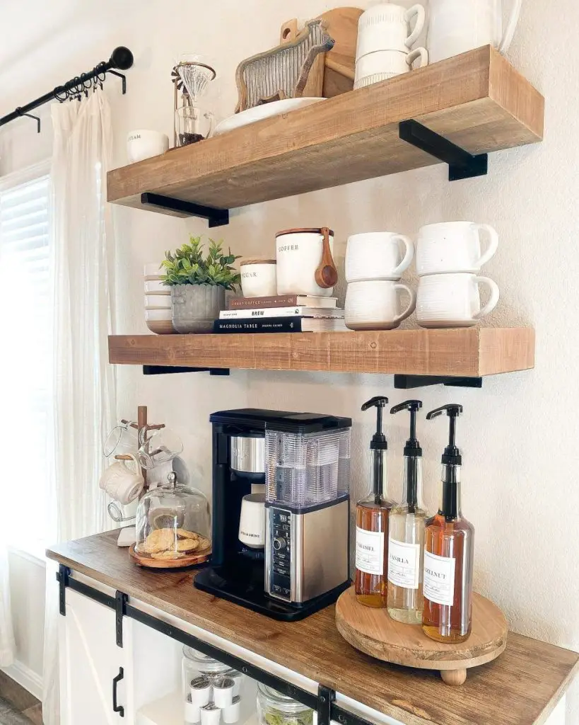 Coffee station with floating shelves and farmhouse-style cabinet