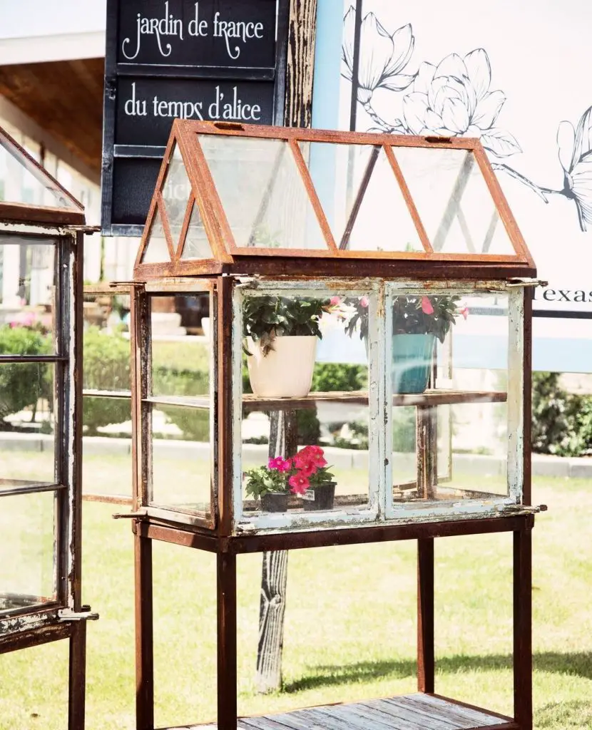 Repurposed window frame greenhouse with plants on wooden stand