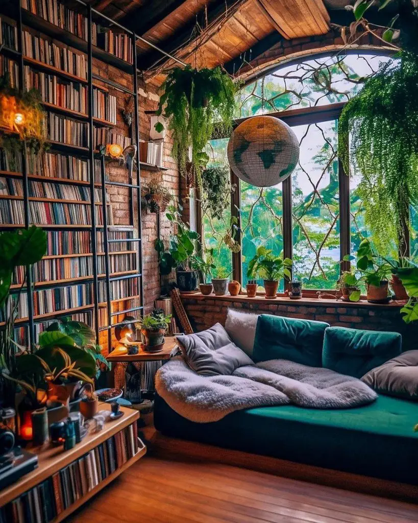 A beachside reading nook enjoys ocean vista through large windows.