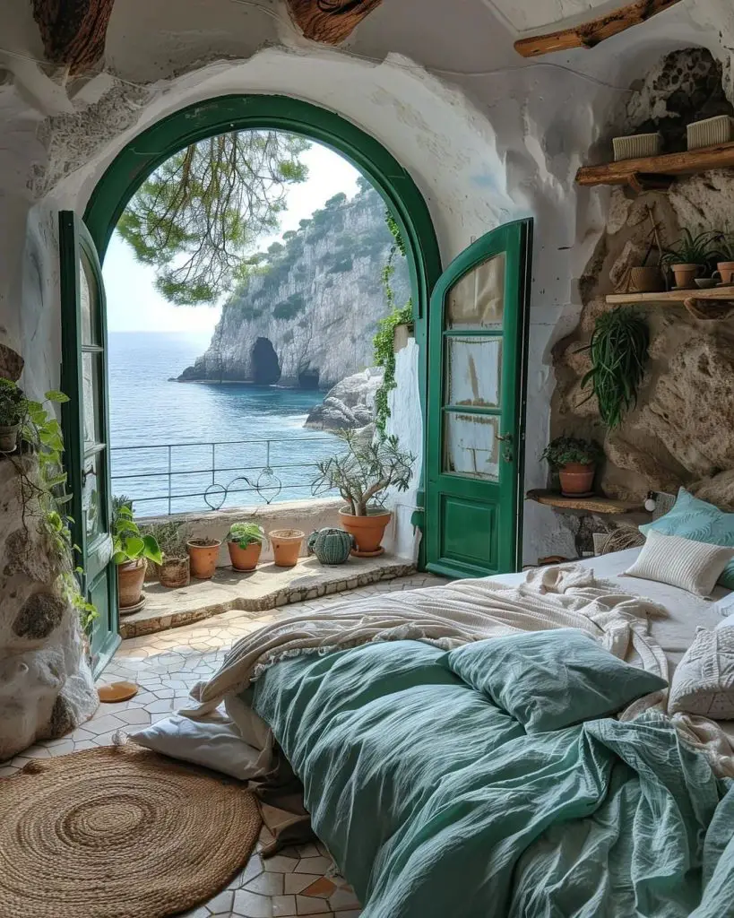 Cozy bedroom with arched doorway overlooking Mediterranean Sea and cliffs