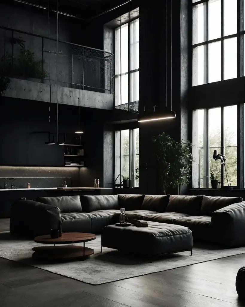 Moody industrial loft with black decor and large windows