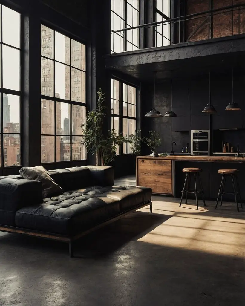 Moody industrial loft with city views