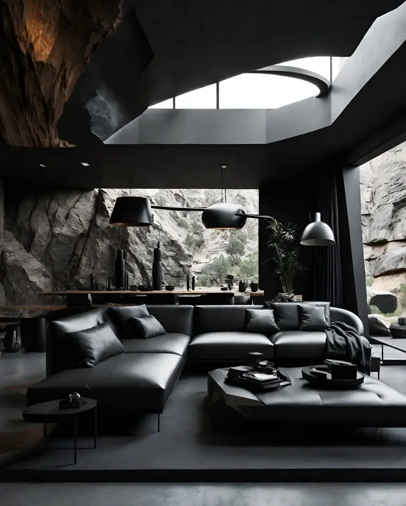 Luxurious black living room in cave-like setting