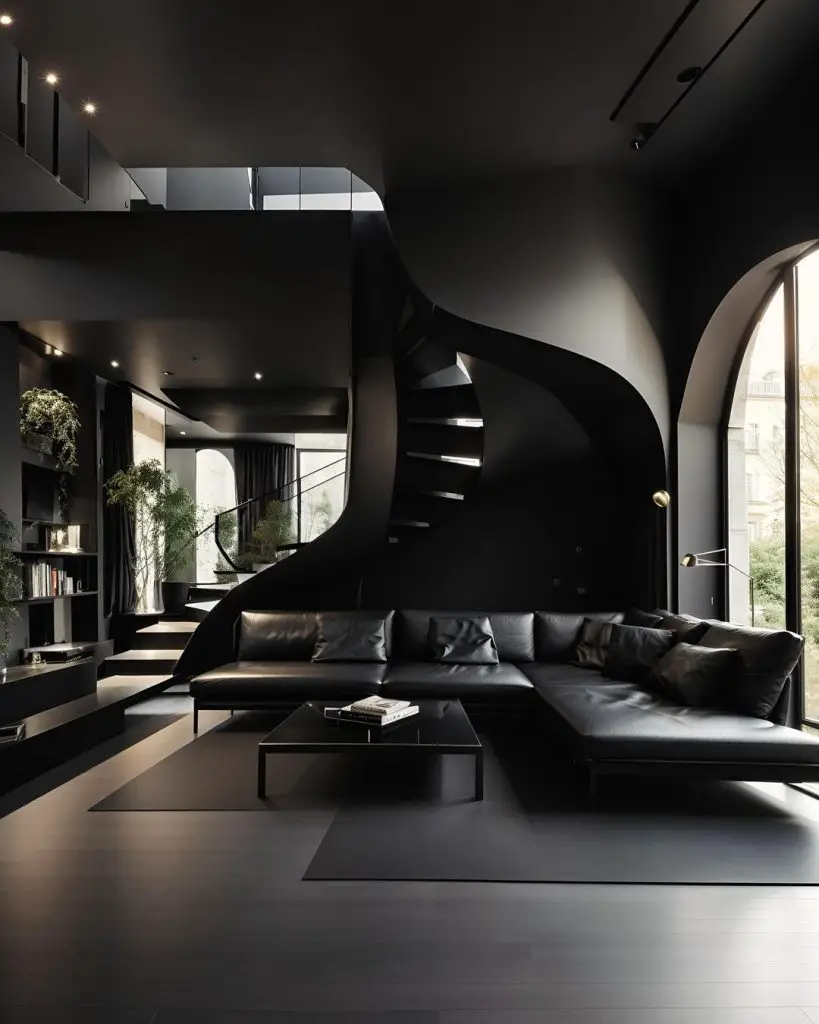 Dark living room with curved staircase and black leather sofa.