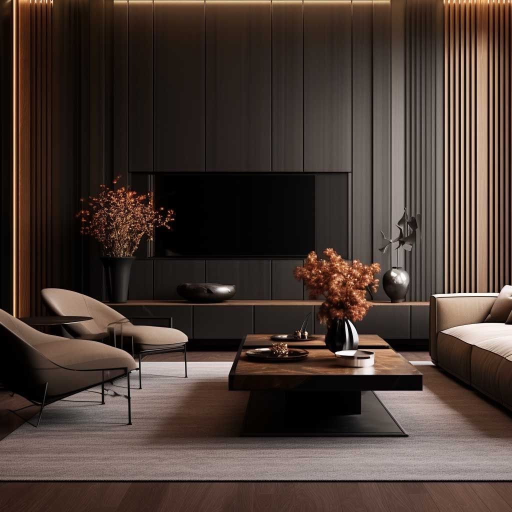 Modern dark living room with beige furniture and copper accents
