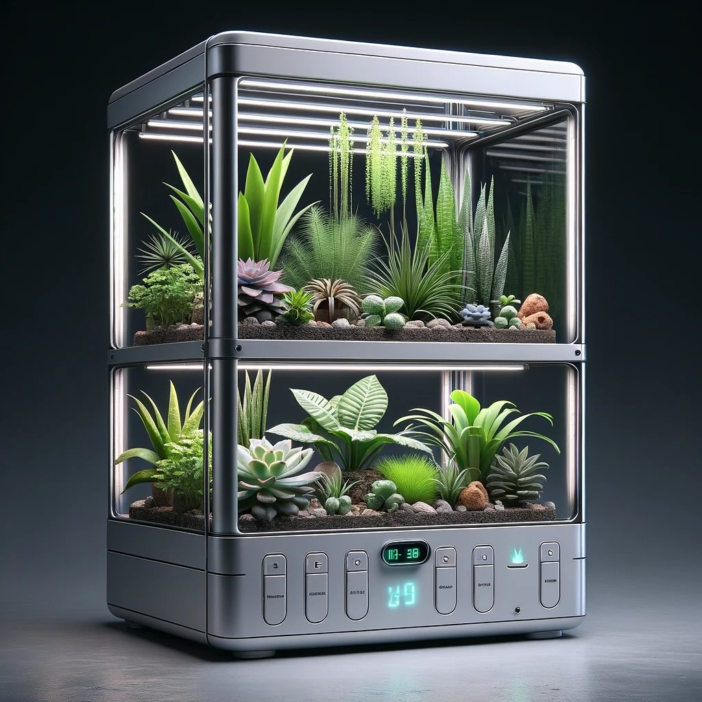 Two-tiered smart terrarium with diverse plants and digital controls