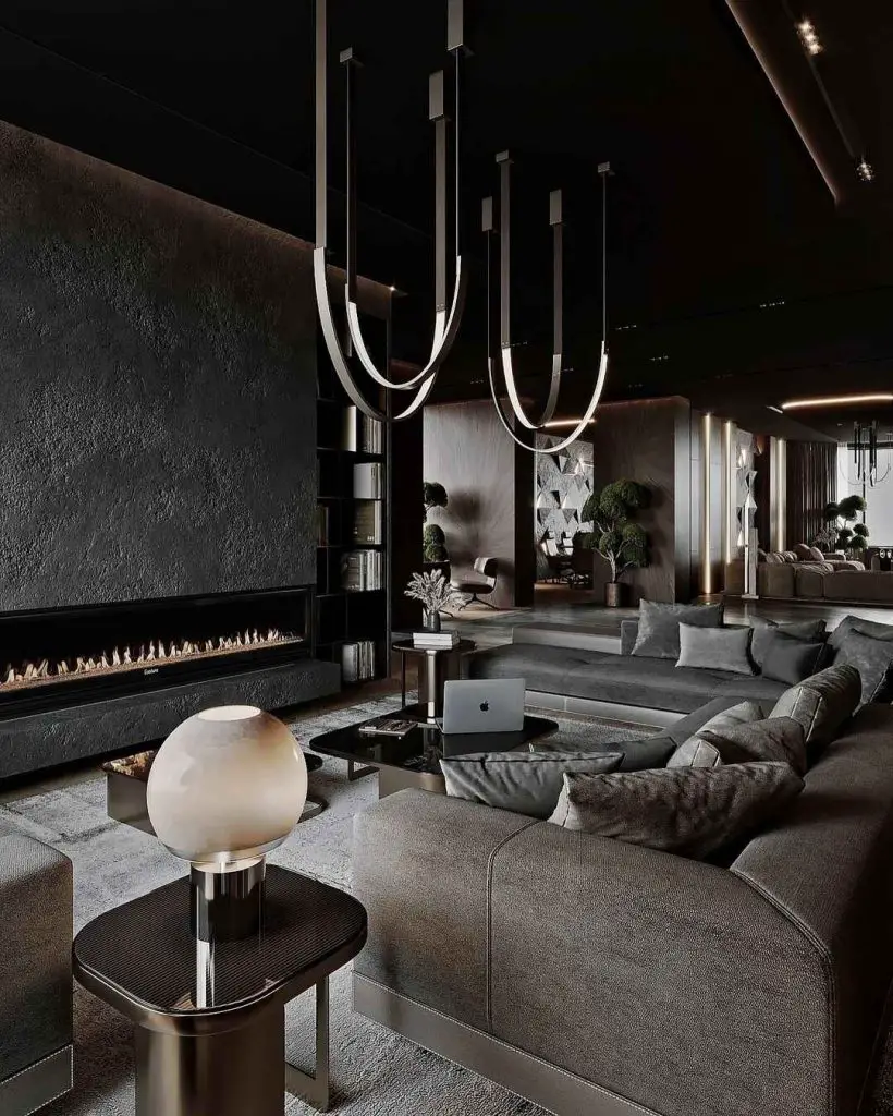 Luxurious dark living room with fireplace