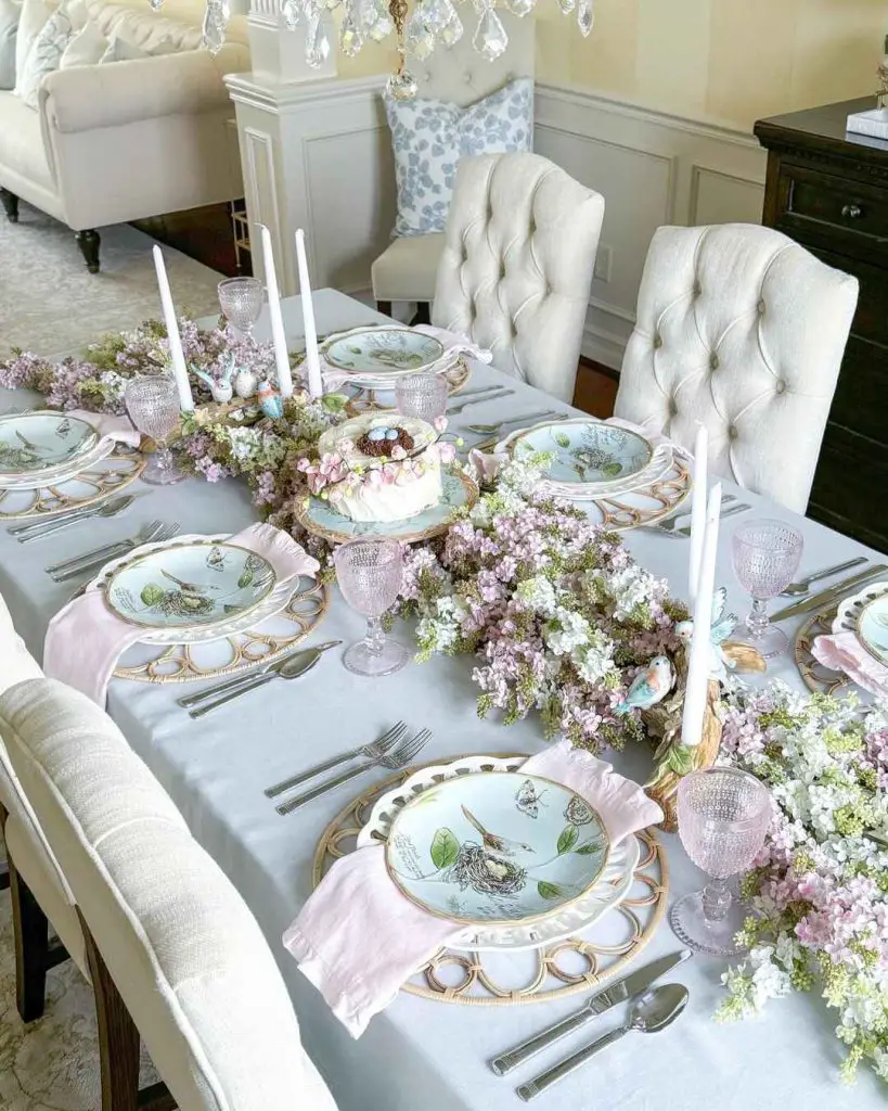 Elegant spring table with floral centerpiece and bird-themed plates.