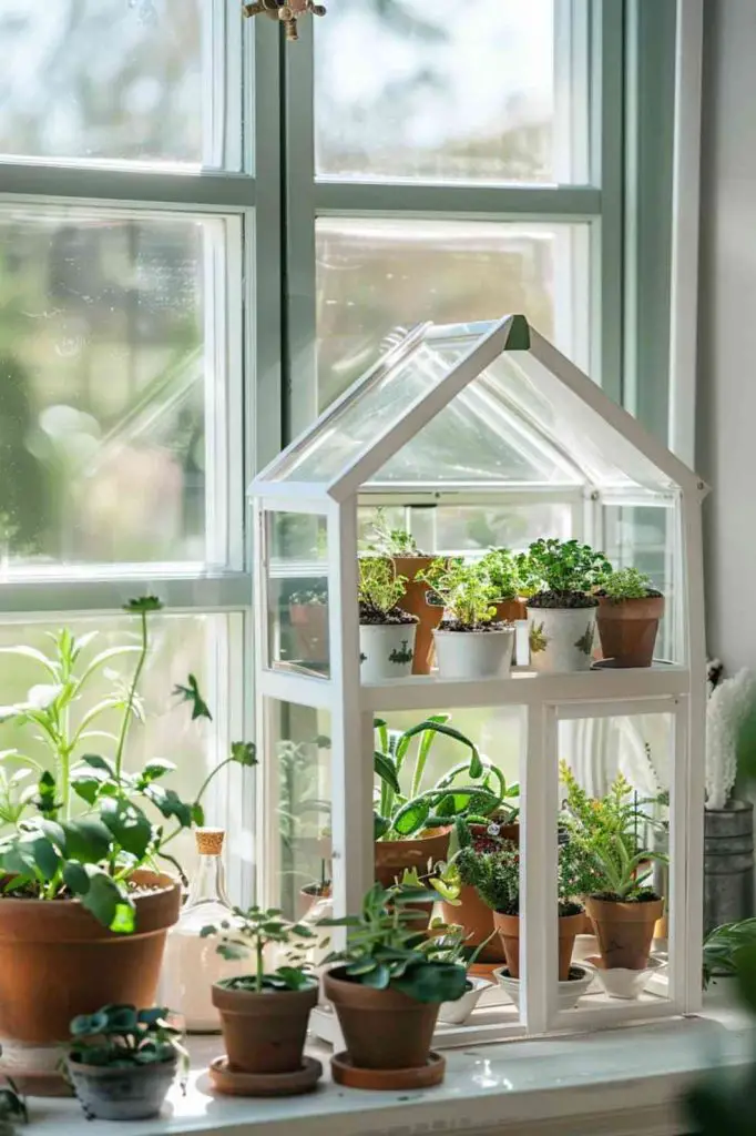 Indoor miniature greenhouse with potted plants on windowsill