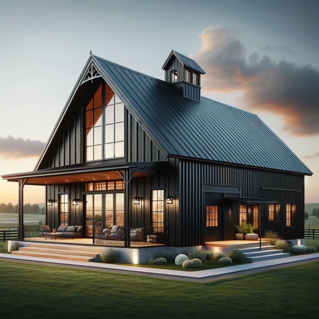 Elegant black barn house with dramatic windows and lit porches at sunset