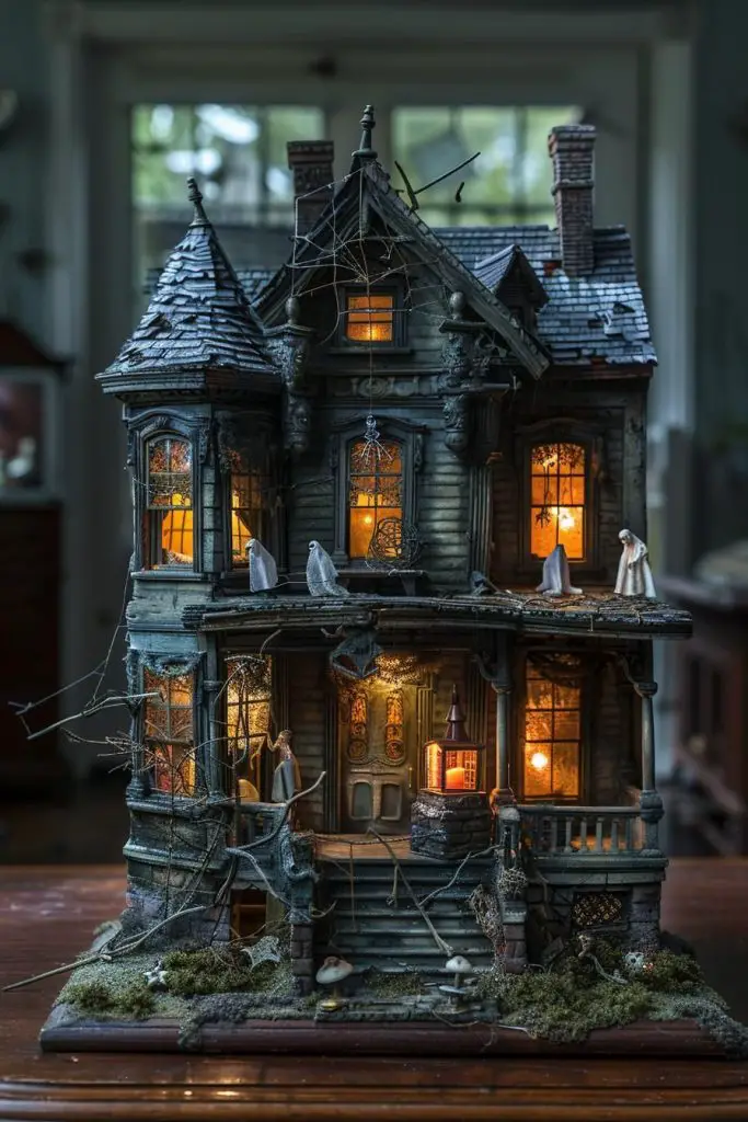 Detailed miniature haunted house with glowing windows