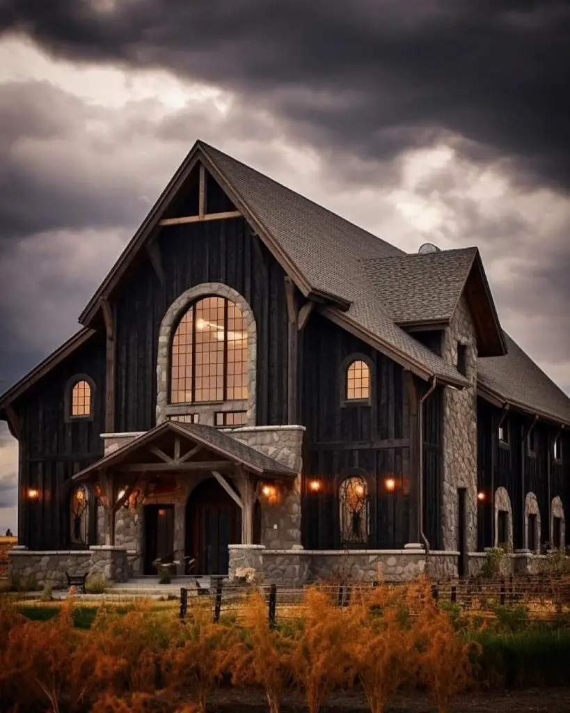 Majestic black barn house with stone arches at dusk