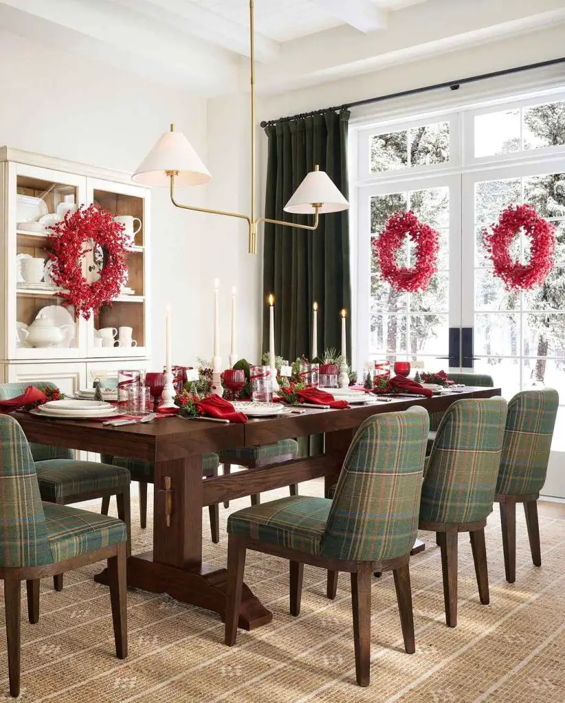 Festive red and green Christmas dining room